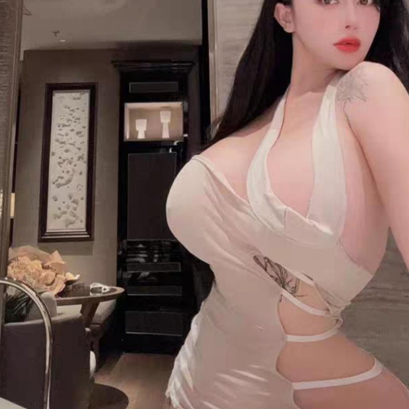 Spice girls sexy hollow neck big halter live streaming host temptation hip skirt pure color matching shoulder dress