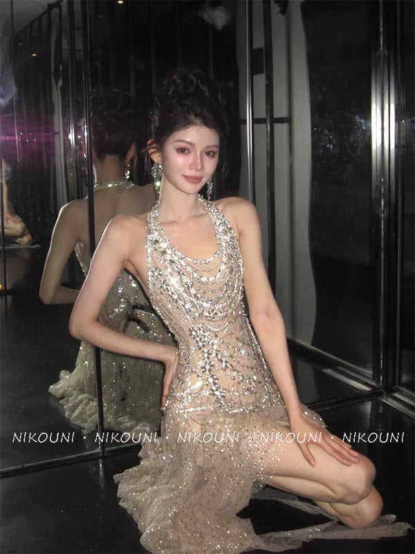 Heavy industry party dress high-end light luxury niche celebrity temperament beautiful flash neck birthday skirt robe