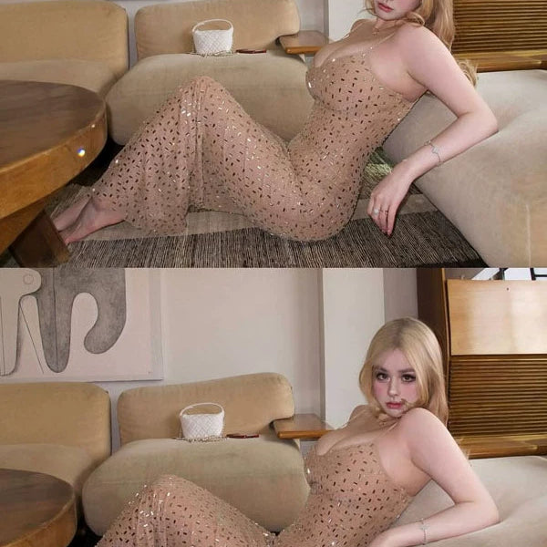 Pure desire style sexy hottie hot diamond suspender dress female French celebrity high sense temperament hip fish tail dress