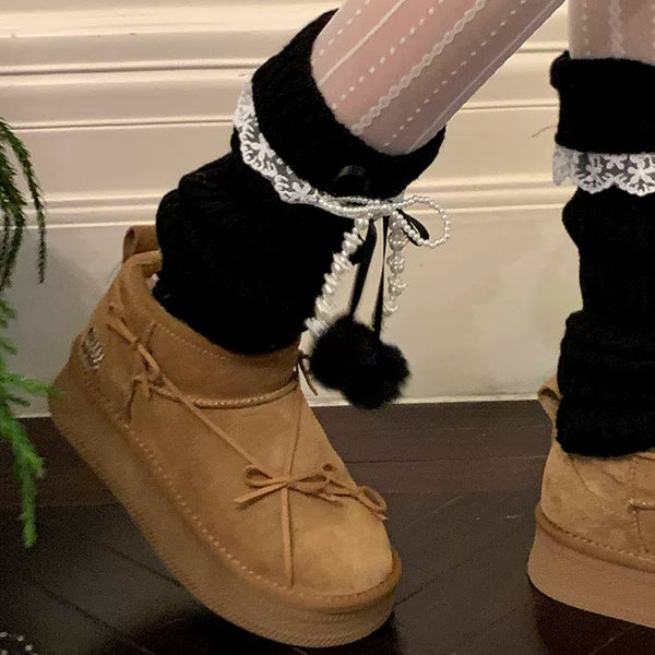 Fashion Coffee Hairball Leg Cover Female Pearl Bow Lace Stacking Socks Stacked Calf Socks Cover