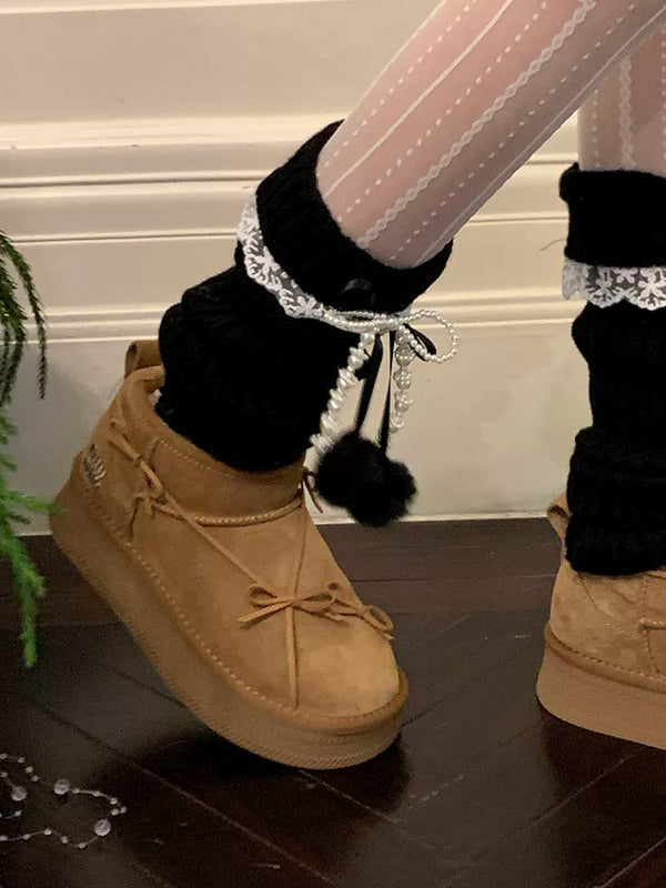 Fashion Coffee Hairball Leg Cover Female Pearl Bow Lace Stacking Socks Stacked Calf Socks Cover