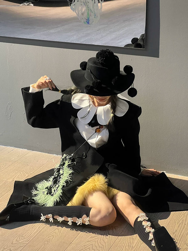 Fashion original niche design hand-sewn three-dimensional pearl bow daily black trendy retro girl