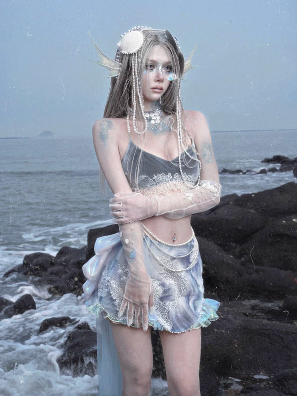 Siren's Call, Mermaid Velvet Lace Suspender Top Seaside Vacation Christmas