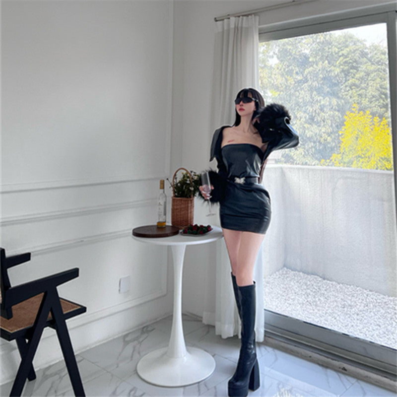 Spice girl black tube top PU short skirt locomotive leather jacket blazer women autumn and winter fur sleeve jacket suit women