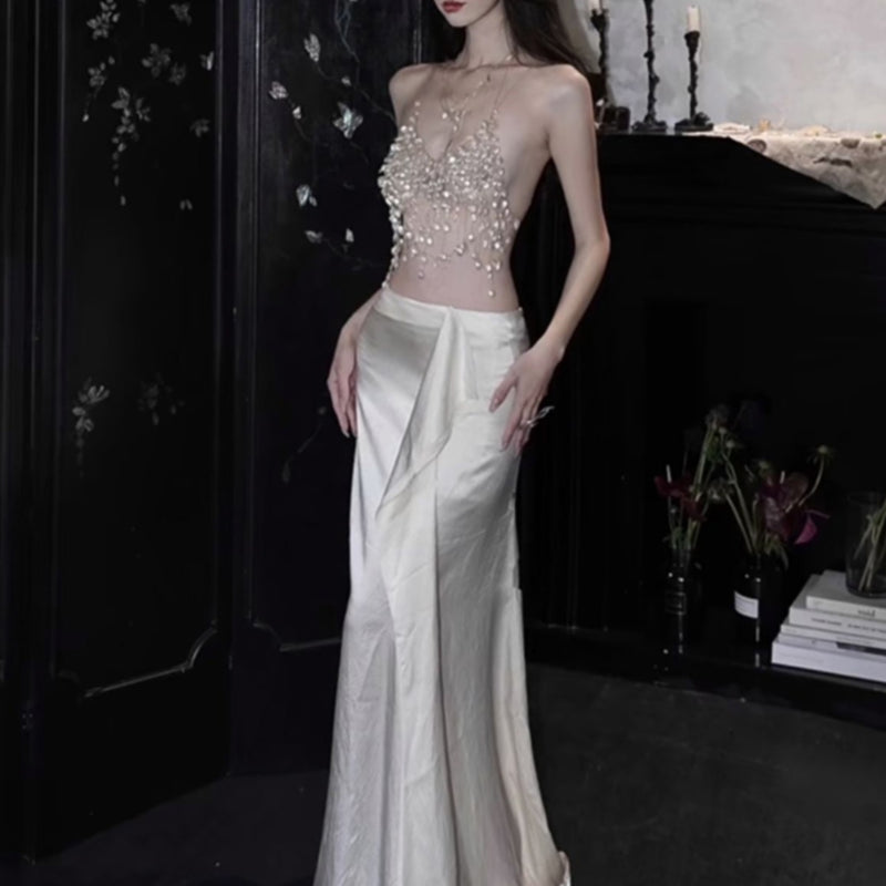 Pure desire heavy industry fairy neck big halter vest niche design high-end satin irregular long dress fashion suit