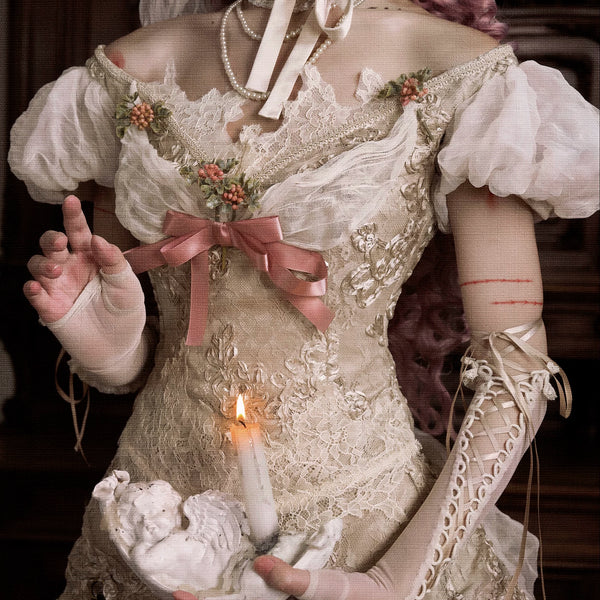 Elegant off-the-shoulder bubble sleeve mesh top with christmas fishbone hand-stitched seersucker court vest