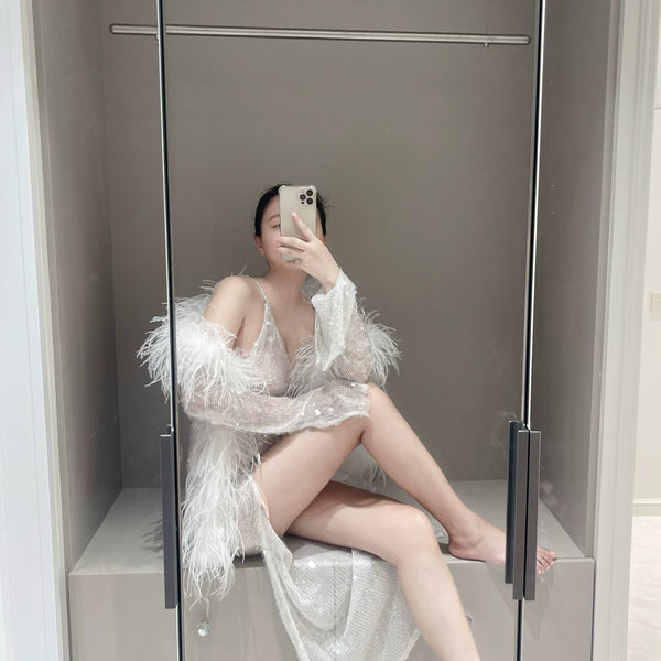 Muse Micro Transparent Crystal Sequins Ostrich Hair Sleeves High Slits Long Skirt Set Light Wedding Dress Skirt