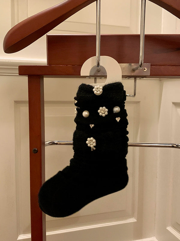 Fashion niche, knitted pearl big bow luxury exaggerated rhinestone thin vertical strip ballet knee socks