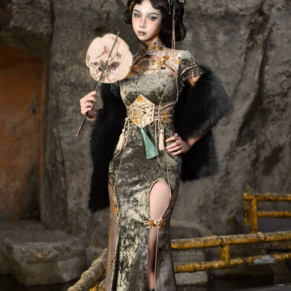 Chinese buckle slim-fitting fishtail long slit cheongsam dress Christmas