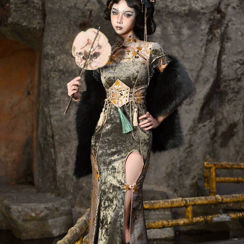 Chinese buckle slim-fitting fishtail long slit cheongsam dress Christmas