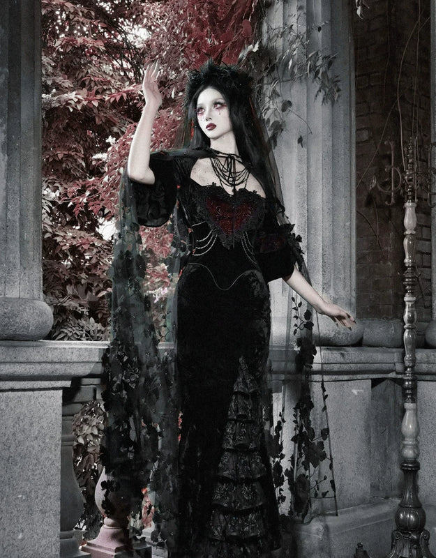 Gothic velvet bandeau dress mermaid skirt halloween retro maxi dress
