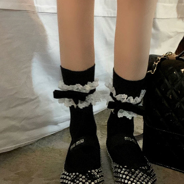 Fashion niche bow socks women's summer jk heel middle tube ribbon lace white calf socks thin