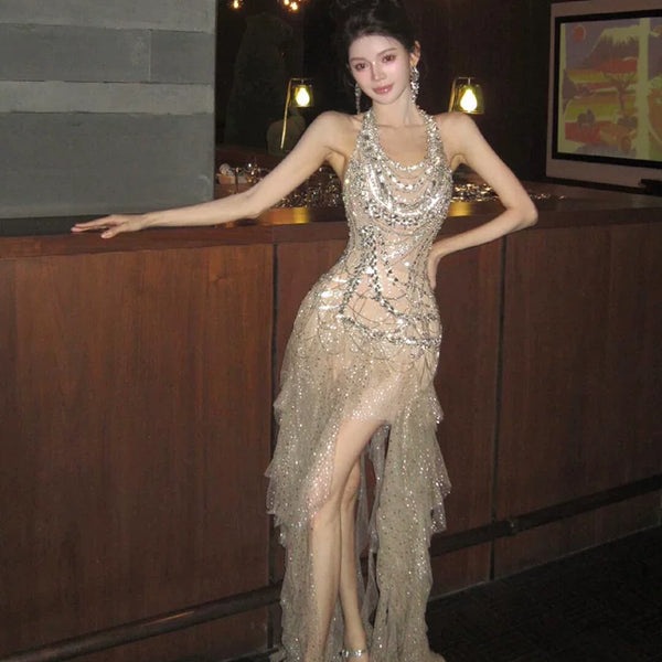 Heavy industry party dress high-end light luxury niche celebrity temperament beautiful flash neck birthday skirt robe