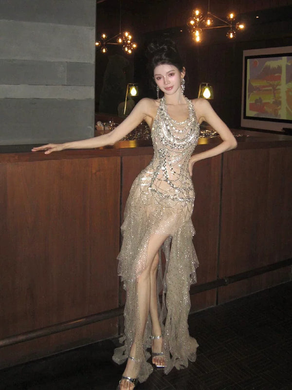 Heavy industry party dress high-end light luxury niche celebrity temperament beautiful flash neck birthday skirt robe