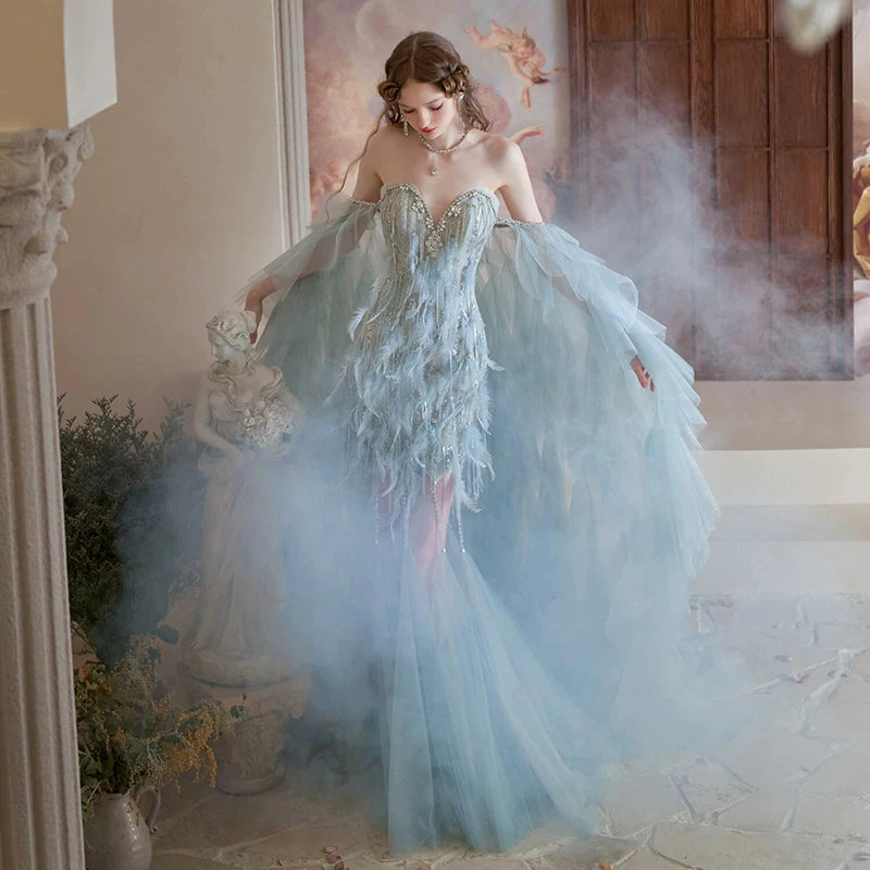 Blue feather tube top evening dress women's high sense birthday party princess dress annual meeting engagement bride toast dress
