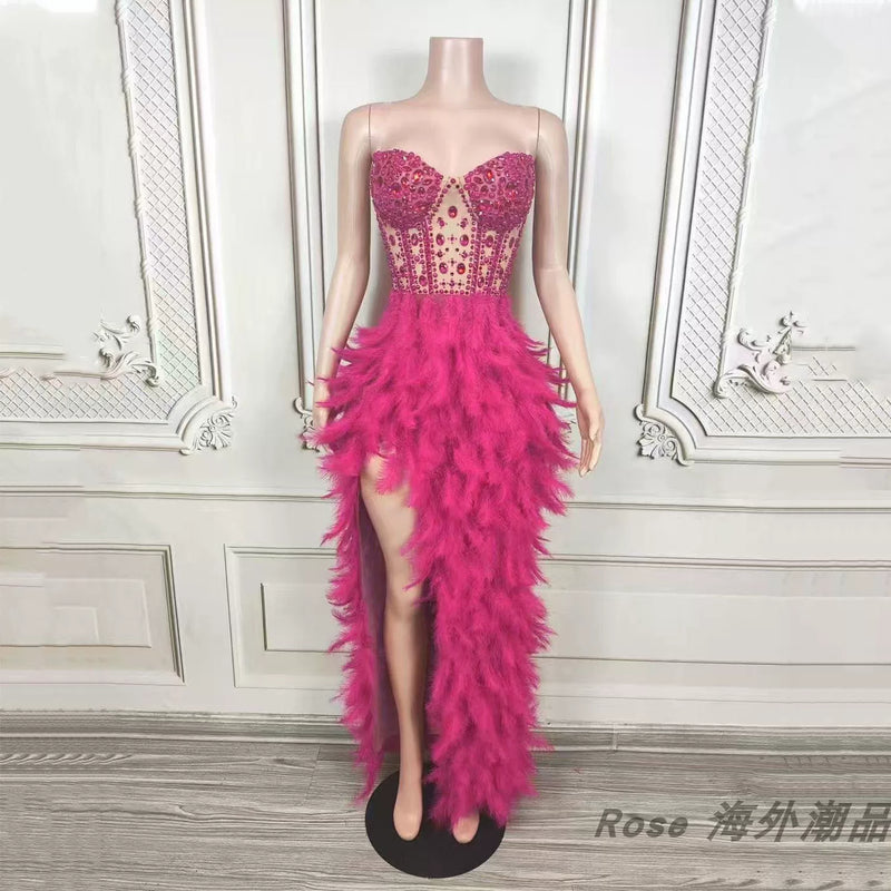 Elegant white swan-inspired feather skirt dress - slimming, rhinestone embellished mini dress for vacation, runway, party, and evening events