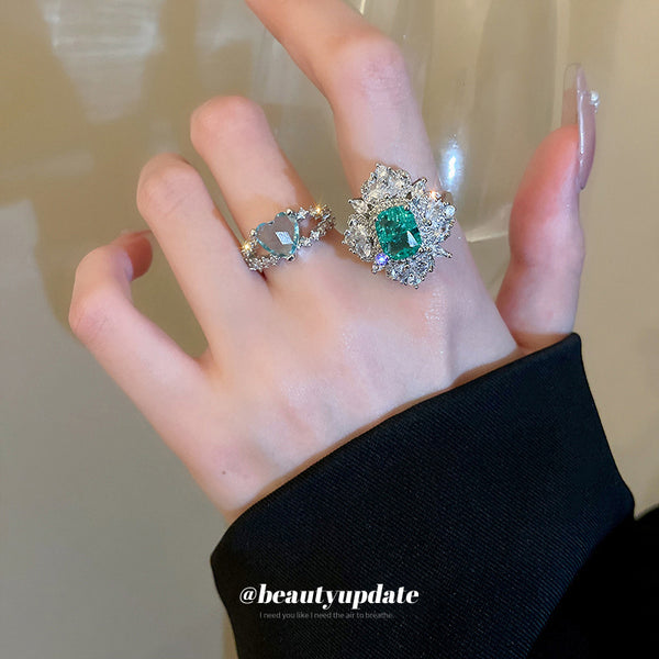 Heavy Industry Zircon Love Double layered Open Ring, Personalized, Light Luxury, Fashionable, Finger Ring, Elegant and High end Accessories
