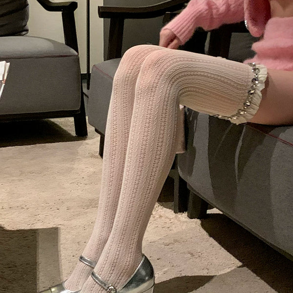 Fashion original designer brand knee flash diamond knee socks women's autumn and winter stockings milk white Japanese jk