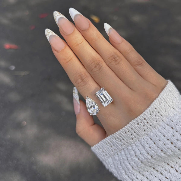Twin stone pear shaped water droplet large sugar diamond ring with open mouth, niche design, light luxury European and American ring