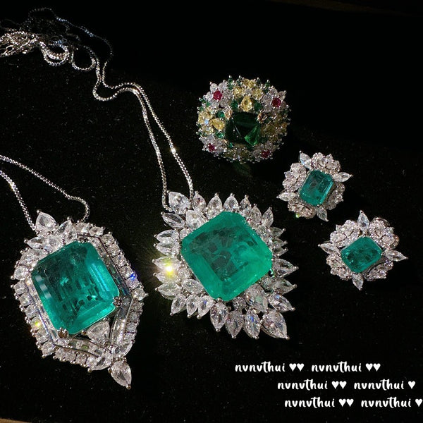 Mojito Emerald Flower Necklace Rich Lady's Happiness Peacock Green Snowflake Zircon Earrings
