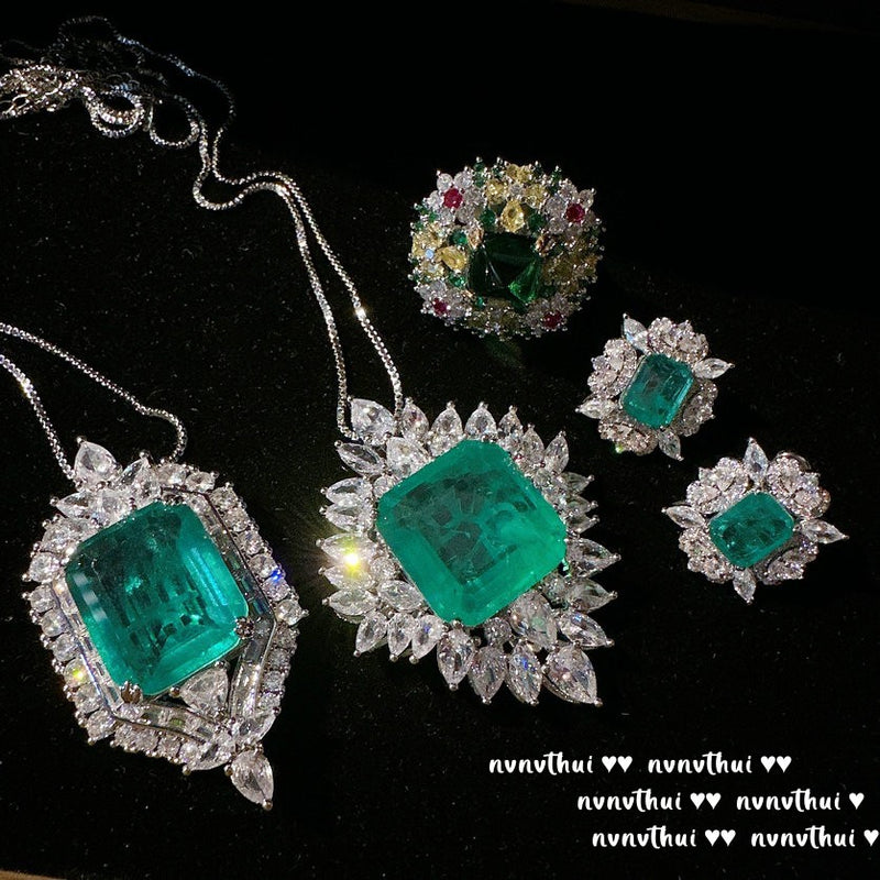 Mojito Emerald Flower Necklace Rich Lady's Happiness Peacock Green Snowflake Zircon Earrings
