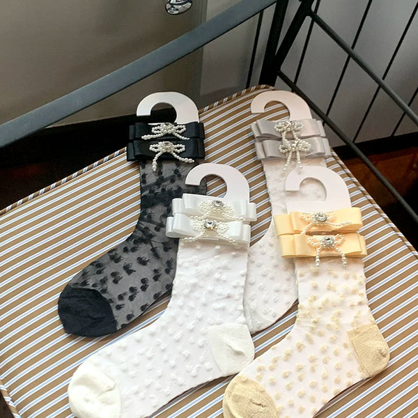 Fashion niche design pearl bow breathable jacquard socks versatile medium tube sweet beautiful women socks stacking socks