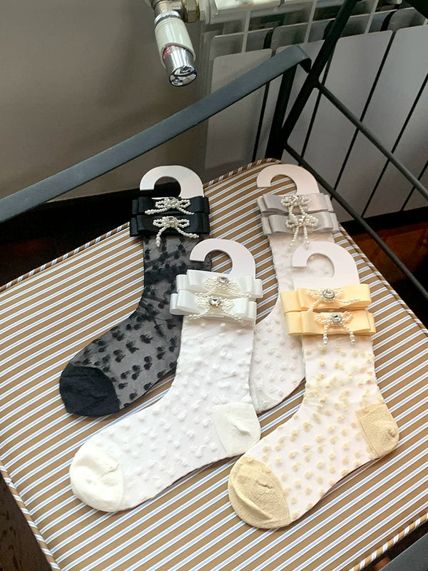 Fashion niche design pearl bow breathable jacquard socks versatile medium tube sweet beautiful women socks stacking socks