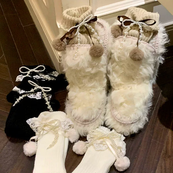 Fashion Coffee Hairball Leg Cover Female Pearl Bow Lace Stacking Socks Stacked Calf Socks Cover