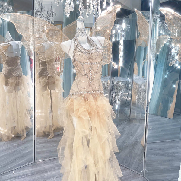 Heavy industry rhinestone fringed mesh slightly transparent irregular skirt court evening dress