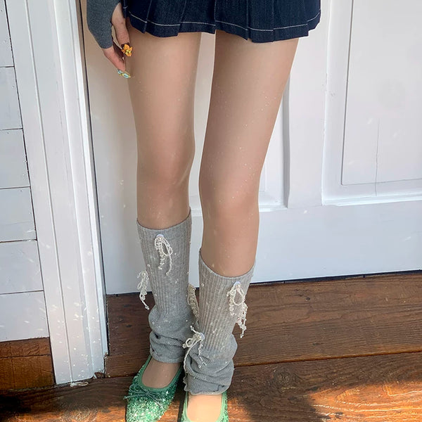 Fashion niche design pearl feather stacking socks cover medium tube lotus leaf lace knitted socks cover autumn and winter