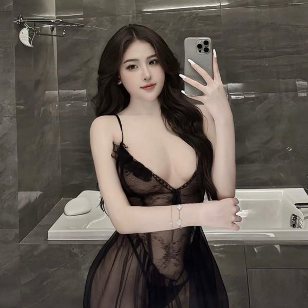 Sexy lace see through mesh pajamas for women in summer, low cut, pure desire style, high-end feeling, suspender nightgown, home suit set
