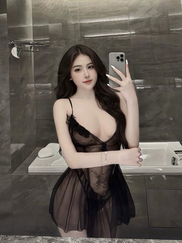 Sexy lace see through mesh pajamas for women in summer, low cut, pure desire style, high-end feeling, suspender nightgown, home suit set