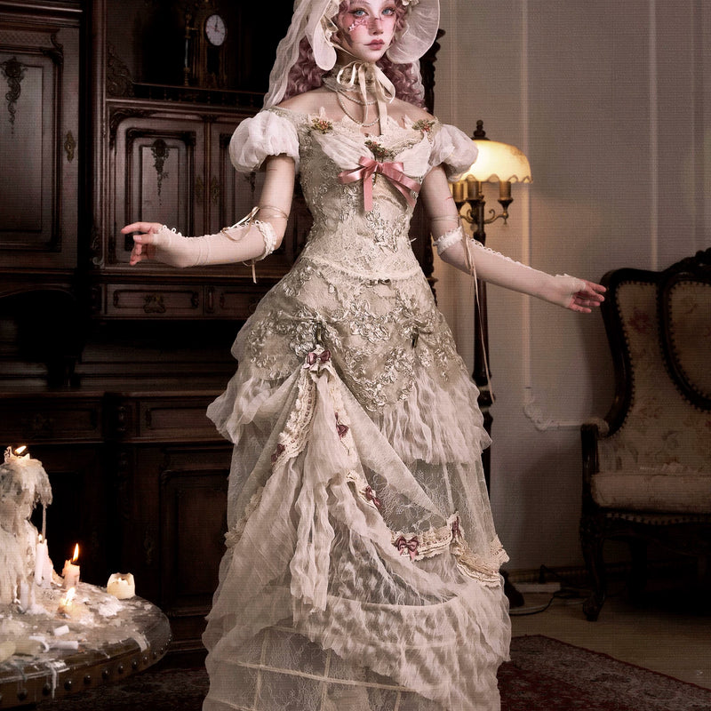 Elegant off-the-shoulder bubble sleeve mesh top with christmas fishbone hand-stitched seersucker court vest