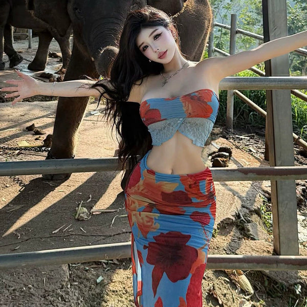 Pure desire style sexy babes hollowed out retro printing open navel vacation fashion chest wrap beach dress two-piece set