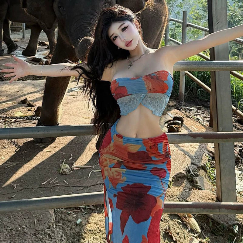 Pure desire style sexy babes hollowed out retro printing open navel vacation fashion chest wrap beach dress two-piece set