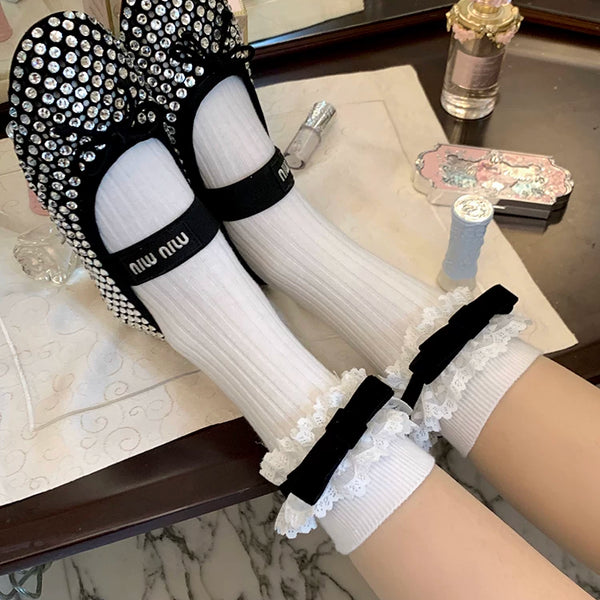 Fashion niche bow socks women's summer jk heel middle tube ribbon lace white calf socks thin