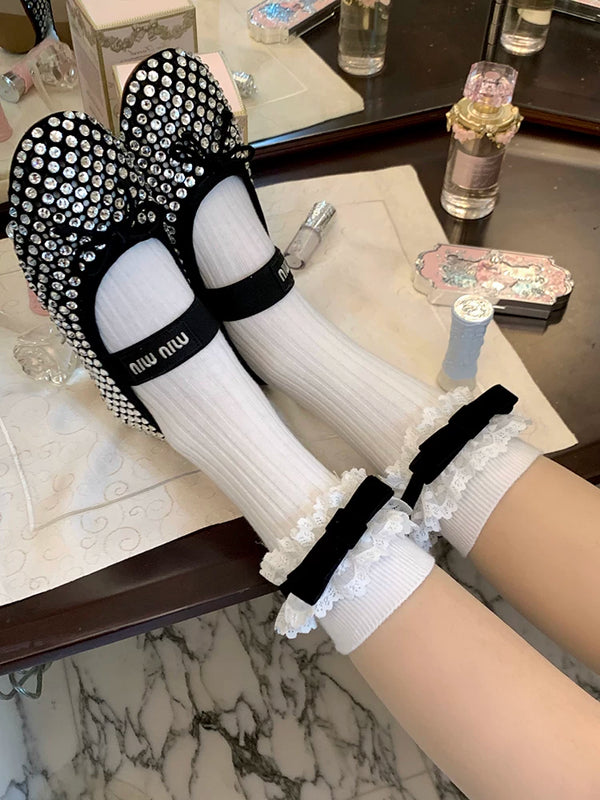 Fashion niche bow socks women's summer jk heel middle tube ribbon lace white calf socks thin