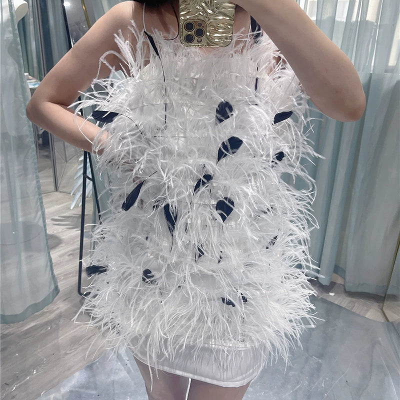 Rich daughter celebrity high luxury, real ostrich hair white swan feathers heavy industry neck slim dress