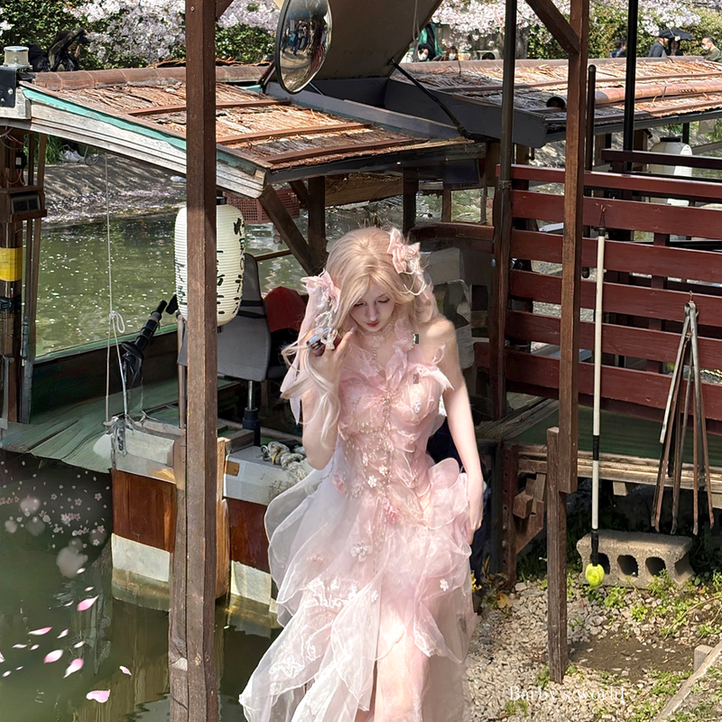 Pink off-the-shoulder bandeau dress - romantic french fairy princess dress