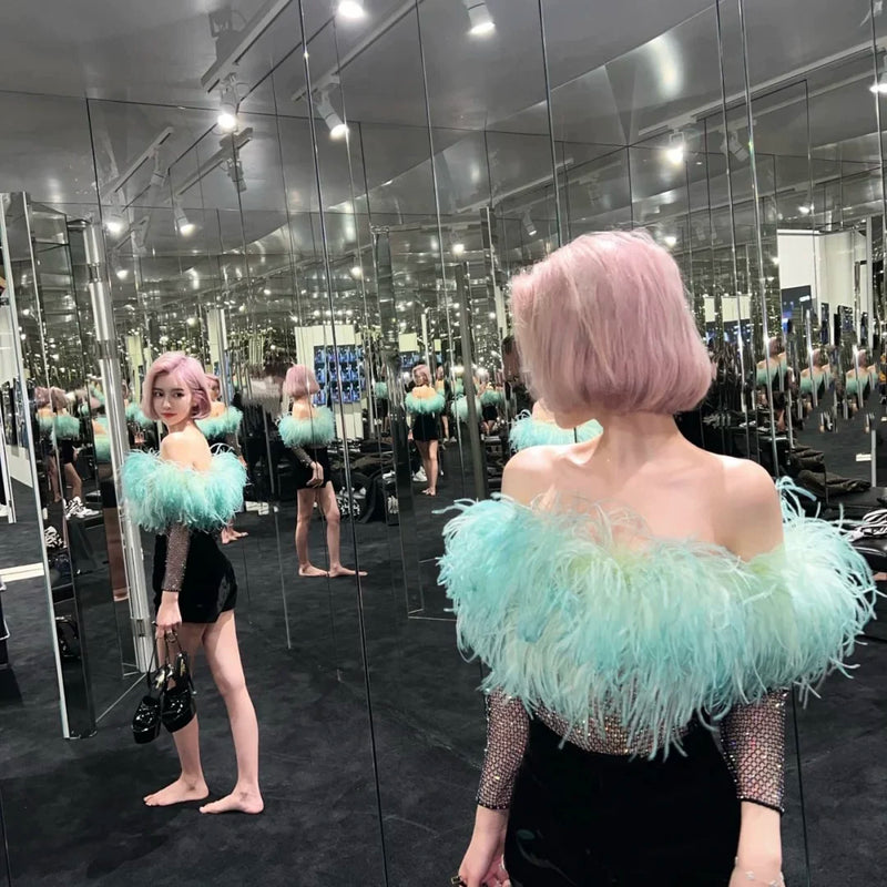 Mint blue-green haute couture heavy industry one-word collar rhinestone feathers ostrich hair tube top