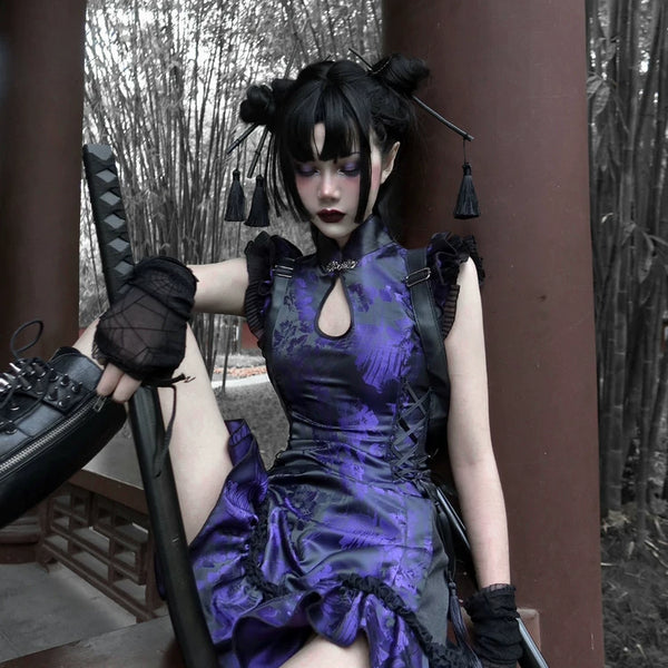 New Chinese-style fringed disc-buckled jacquard improved cheongsam dress