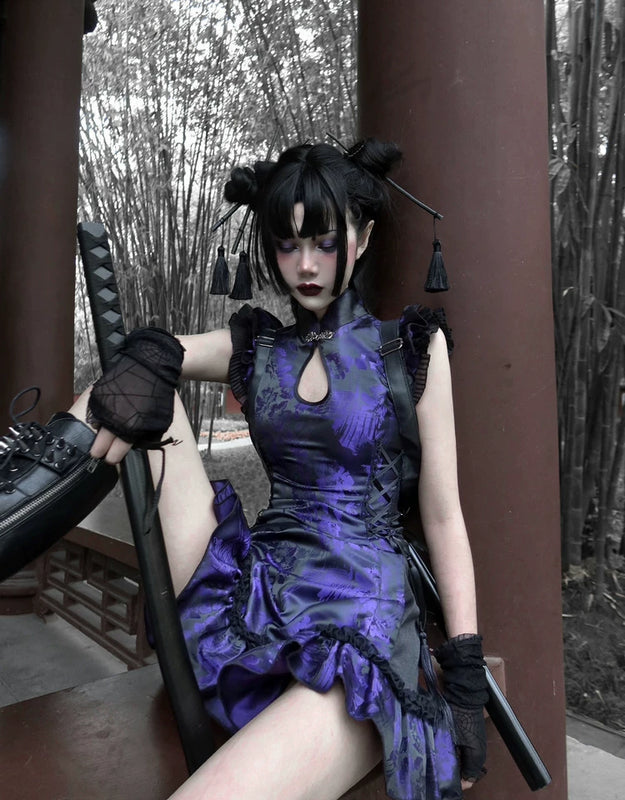 New Chinese-style fringed disc-buckled jacquard improved cheongsam dress