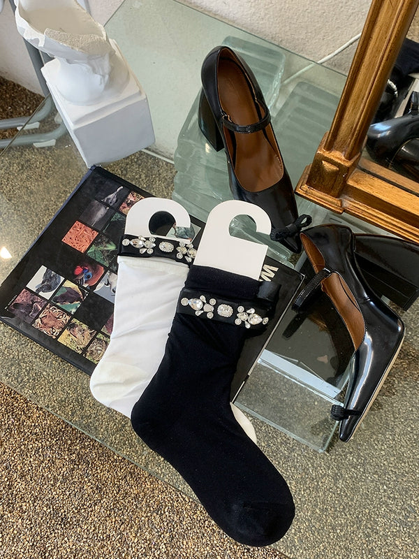 Fashion niche socks full diamond bow socks pearlescent glass socks thin pure desire wind white socks