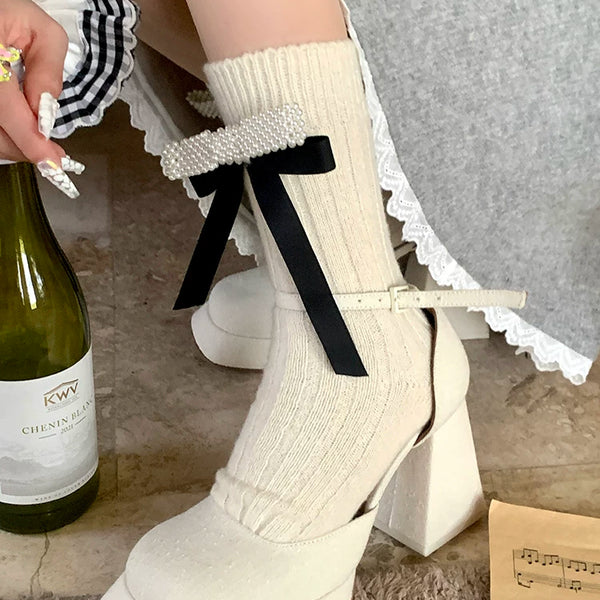 Fashion niche brand black tube socks female tide ins sweet pearl bow socks jk calf socks