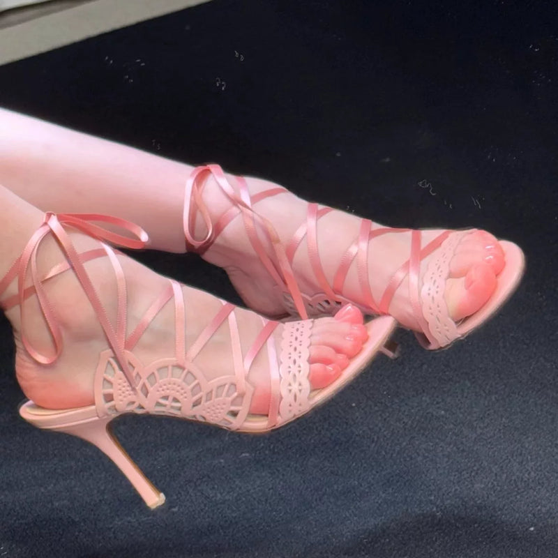Medieval fairy style cross strap high heels new arrivalfrench stiletto cut outprinting beautiful sandals