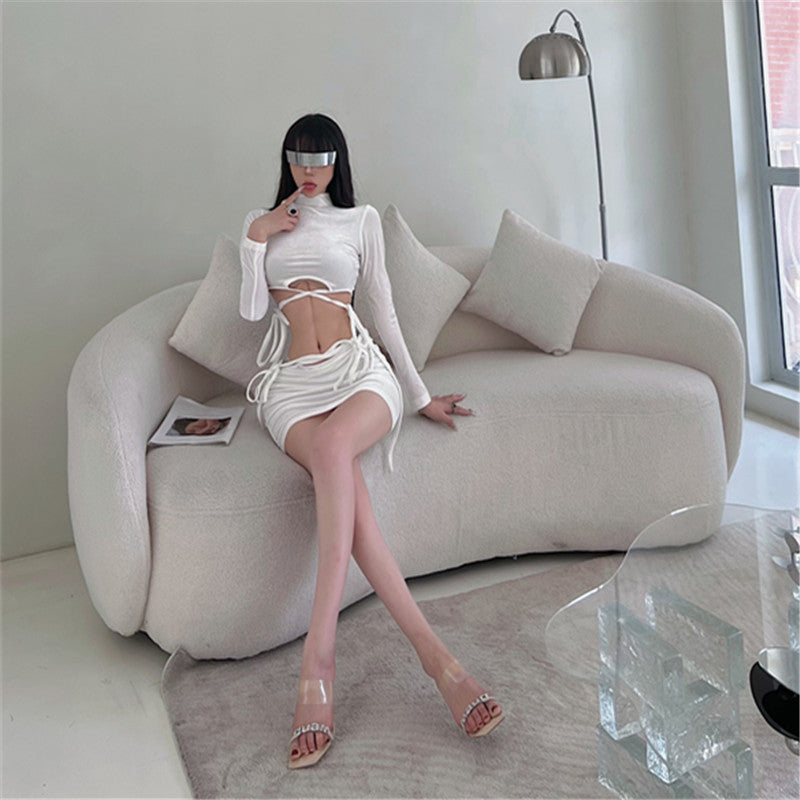 Spice Girl Velvet Suit Women's Spring and Autumn New Fried Street Pure Desire Milk Sweet Semi-turtleneck Cross Strap Long Sleeve Short Skirt