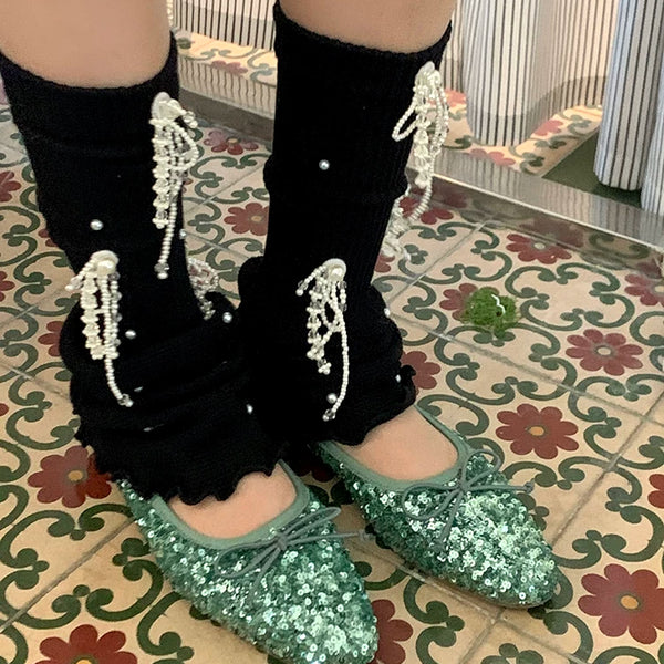 Fashion niche design pearl feather stacking socks cover medium tube lotus leaf lace knitted socks cover autumn and winter