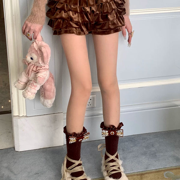 Fashion niche autumn and winter Merad ballet girl jennie bow tube socks fluffy pile socks