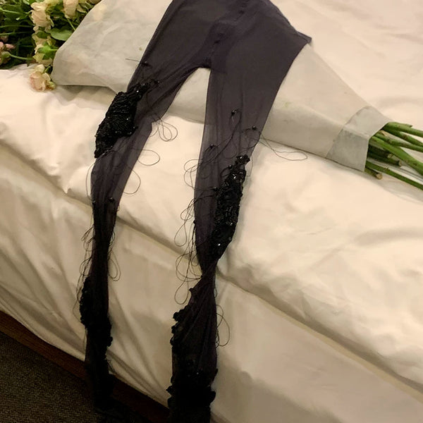 Fashion niche tassel three-dimensional sweet lace pearl handmade pantyhose black silk twisted stockings