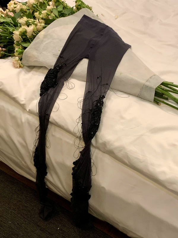 Fashion niche tassel three-dimensional sweet lace pearl handmade pantyhose black silk twisted stockings